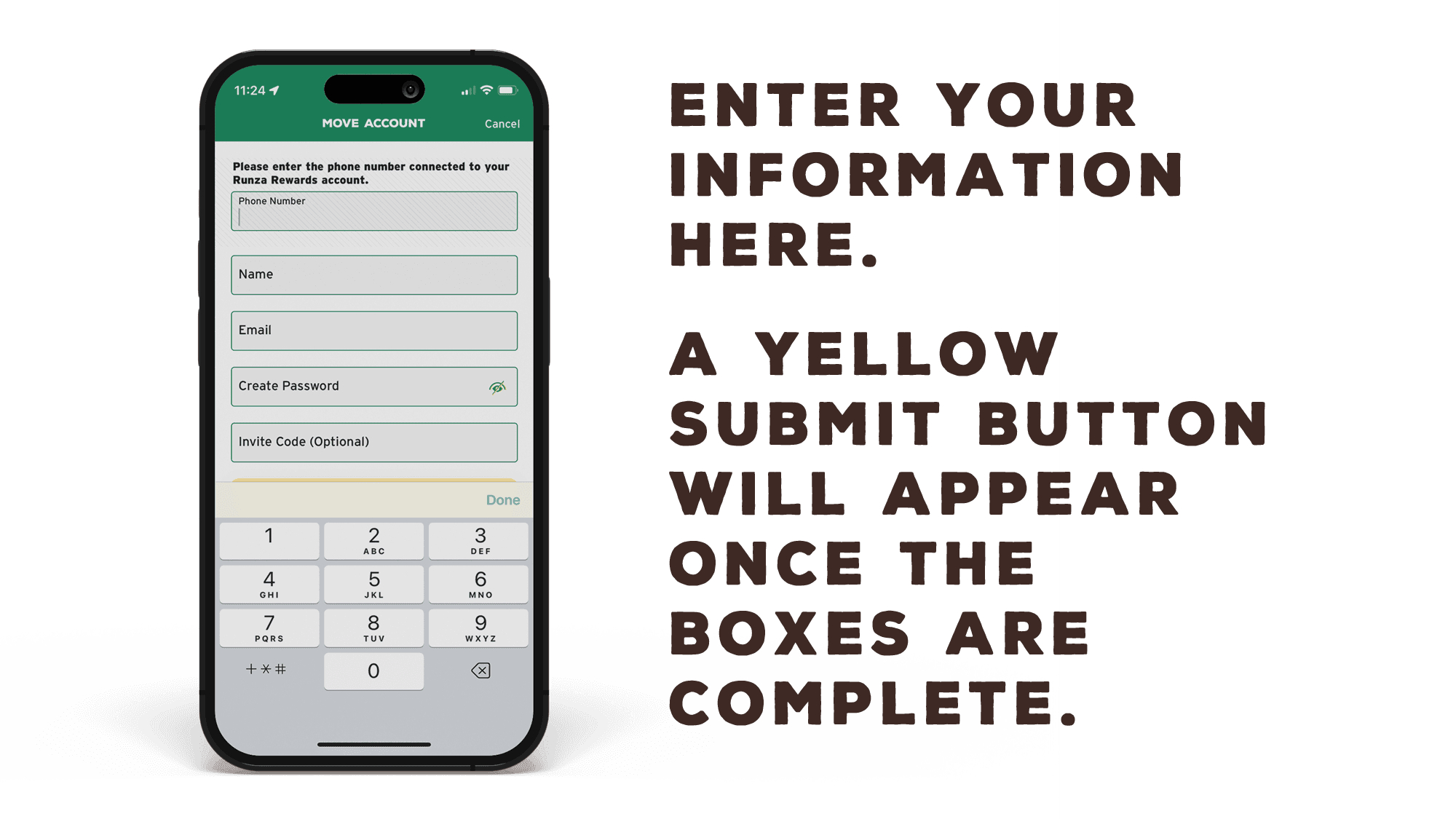 Enter your information here. A yellow Submit button will appear once the boxes are complete.